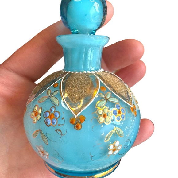 Antique Hand painted Blue Opaline French perfume bottle 4x3” - Picture 6 of 6